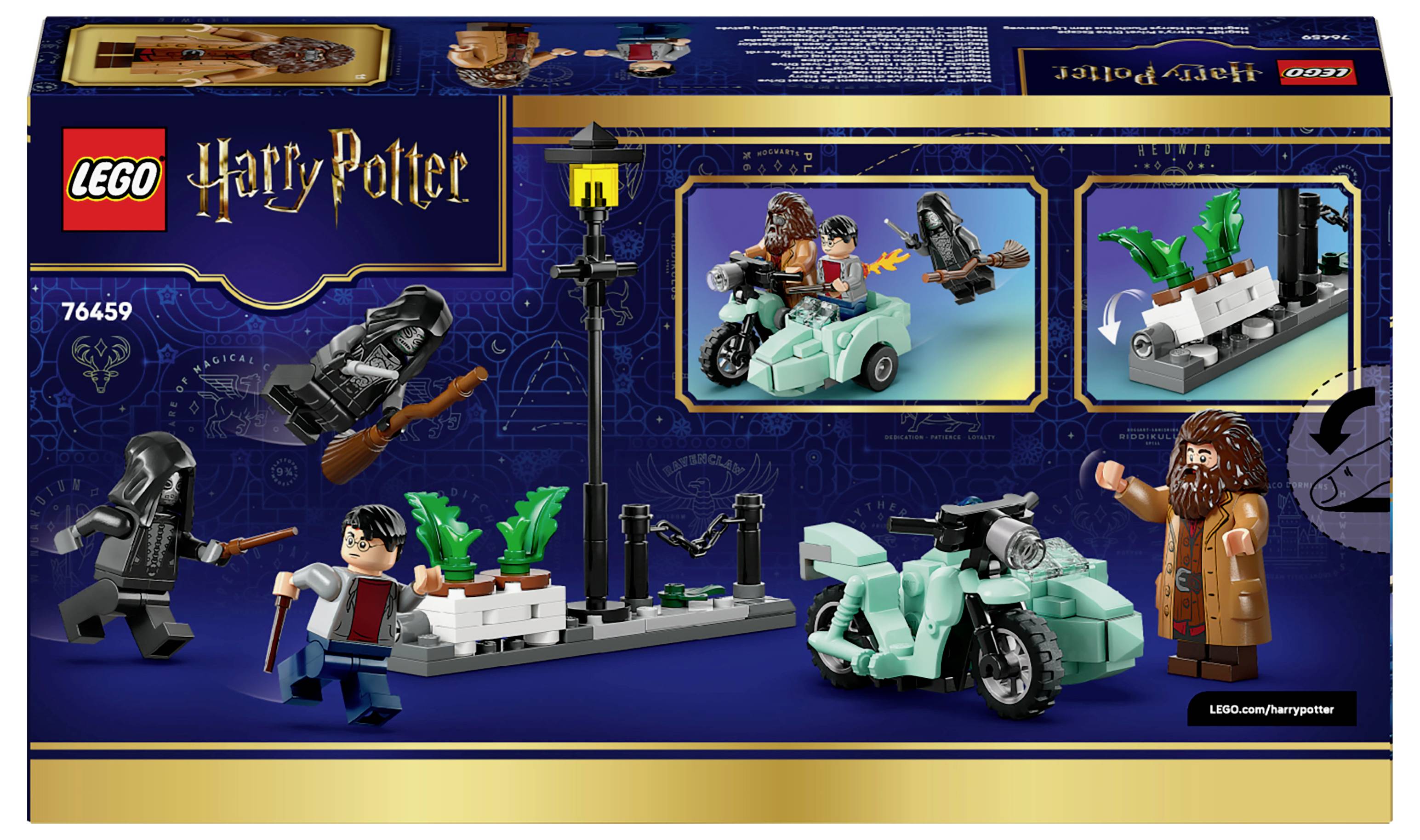 Ensemble LEGO Harry Potter 76459 avec des figurines miniatures à bord d'une moto turquoise et d'un side-car, accompagné d'éléments de décor urbain.