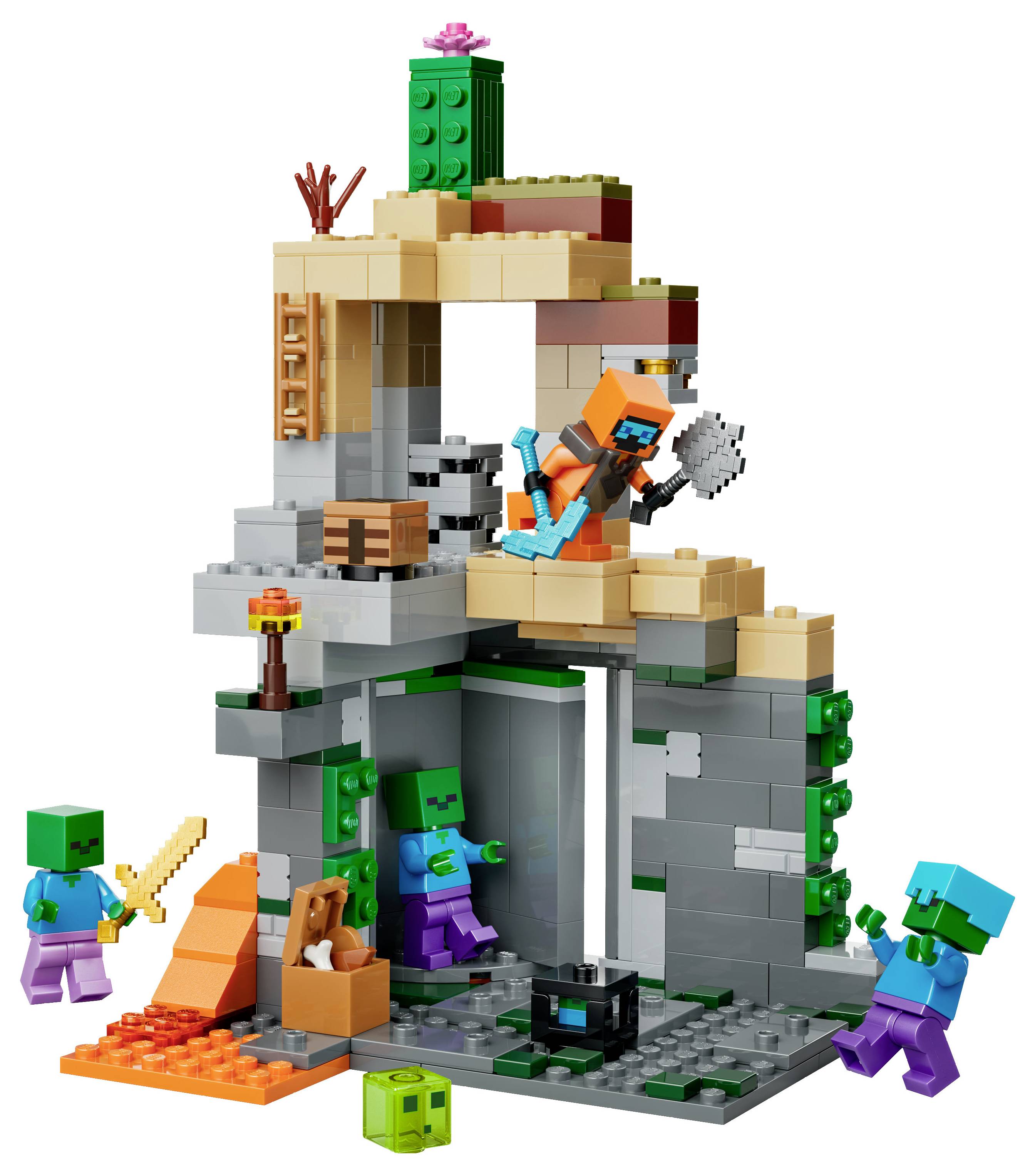 Un ensemble de jouets représentant une grotte avec un personnage en armure tenant une hache, entouré de figurines cubiques ressemblant à des zombies, et divers éléments de minage.