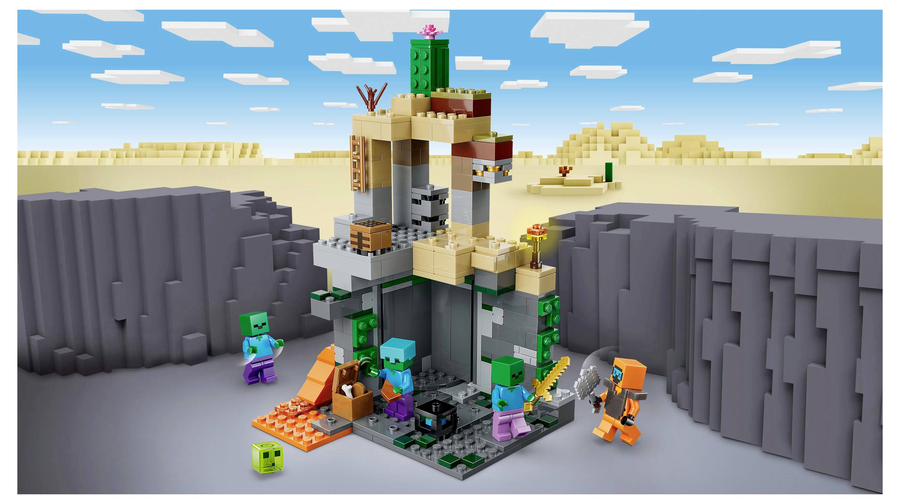 Une scène LEGO représente une forteresse pixélisée dans un désert avec des personnages cubiques, comprenant des zombies et des aventuriers, engagés dans une bataille.