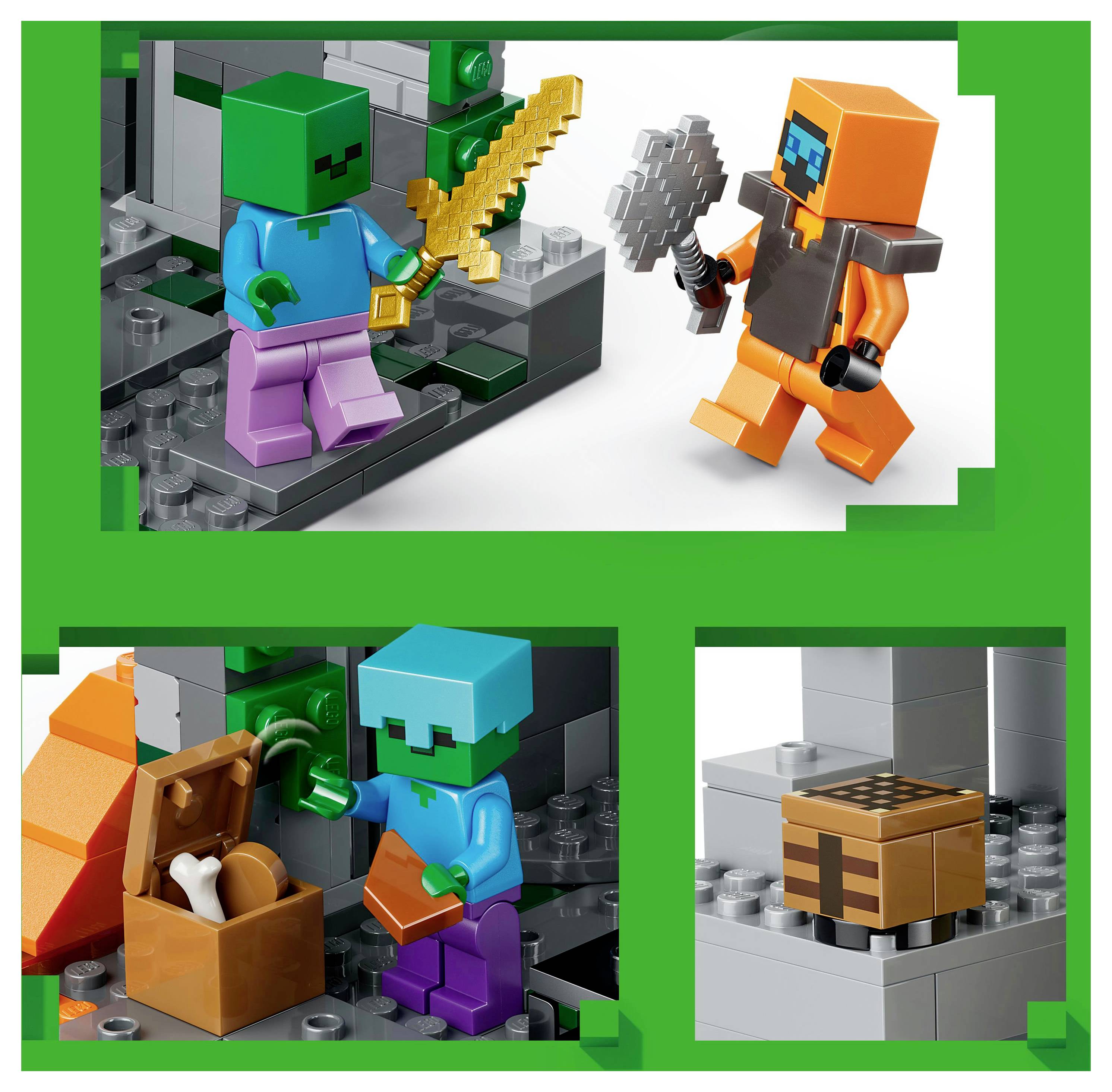 Deux personnages aux têtes cubiques dans un environnement de jeu : l'un en vert avec une épée, l'autre en orange avec une masse. En dessous, un coffre au trésor et une table de craft.