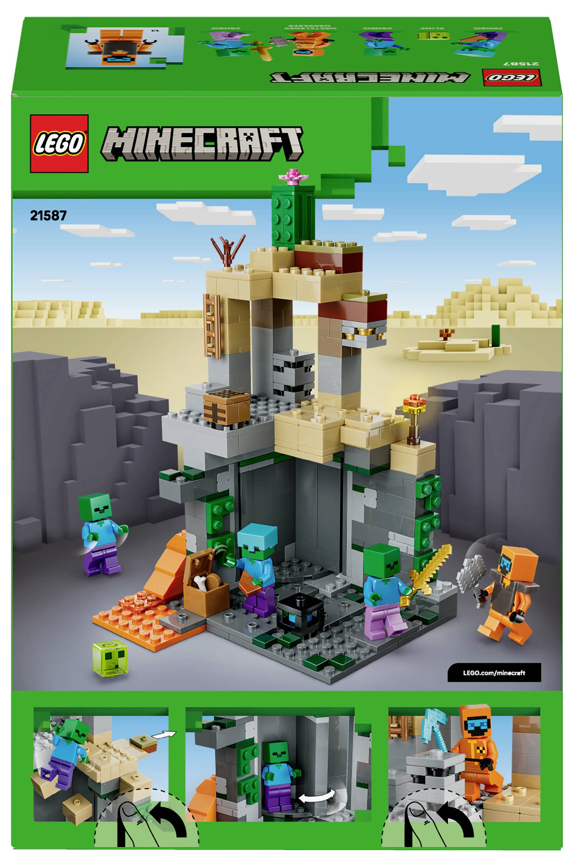 Un ensemble LEGO Minecraft représentant une grotte avec des figurines et des accessoires, comprenant un zombie, un creeper et un explorateur de grotte avec des outils.