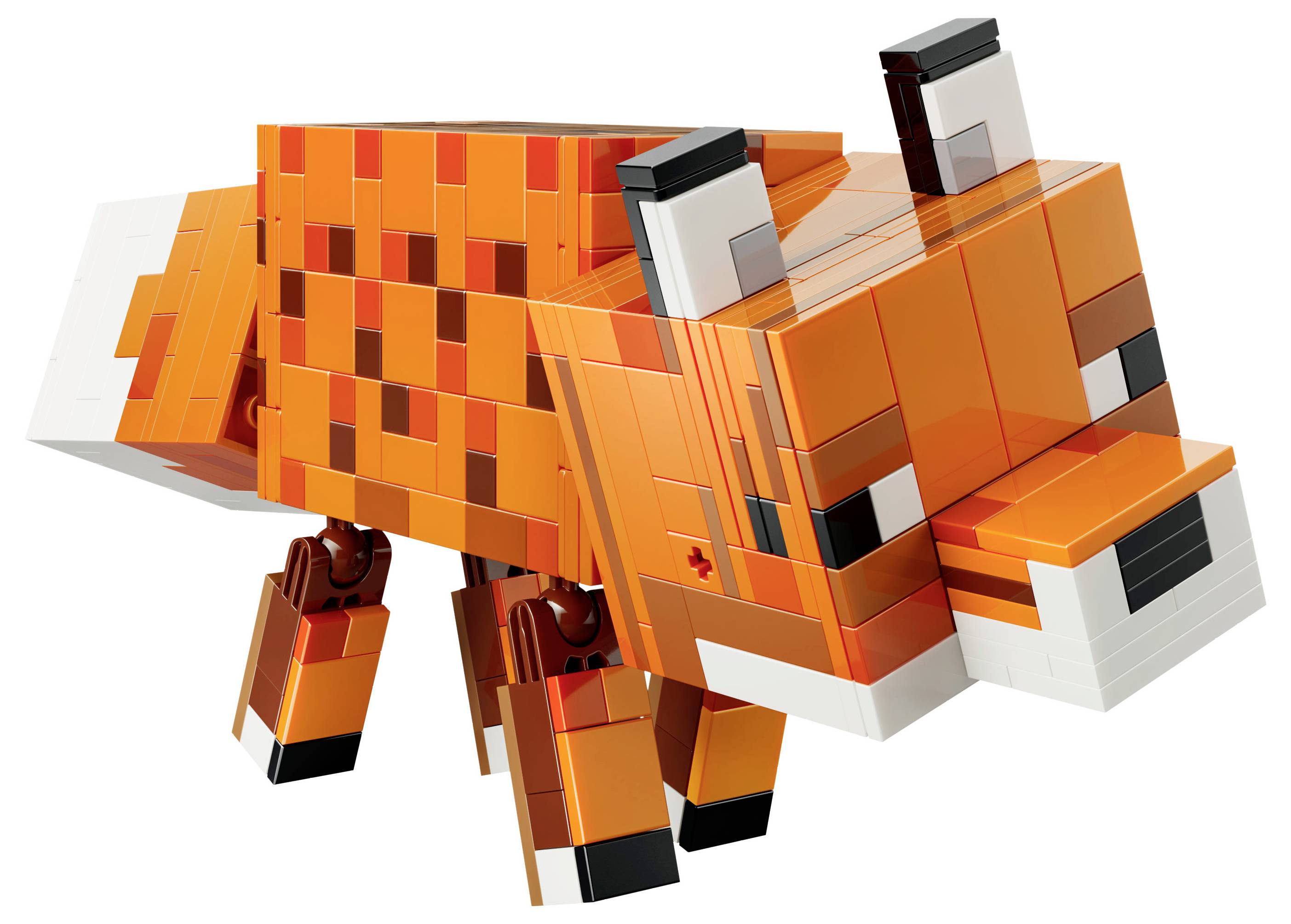 Un renard jouet cubique, orange et blanc, avec des oreilles à pointes noires, fabriqué à partir de briques en plastique imbriquées, ressemblant à un personnage de jeu vidéo numérique.