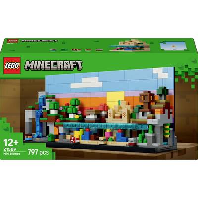 Ensemble de mini-biomes LEGO Minecraft, comprenant un paysage détaillé en blocs avec des arbres, de l'eau et des structures. Contient 797 pièces. Recommandé pour les 12 ans et plus.