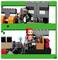 Scène Lego avec des personnages en blocs interagissant. En haut : Personnage combattant une structure avec des blocs orange et gris. En bas : Personnage à tête de crâne tenant une épée et une potion près d'un coffre.