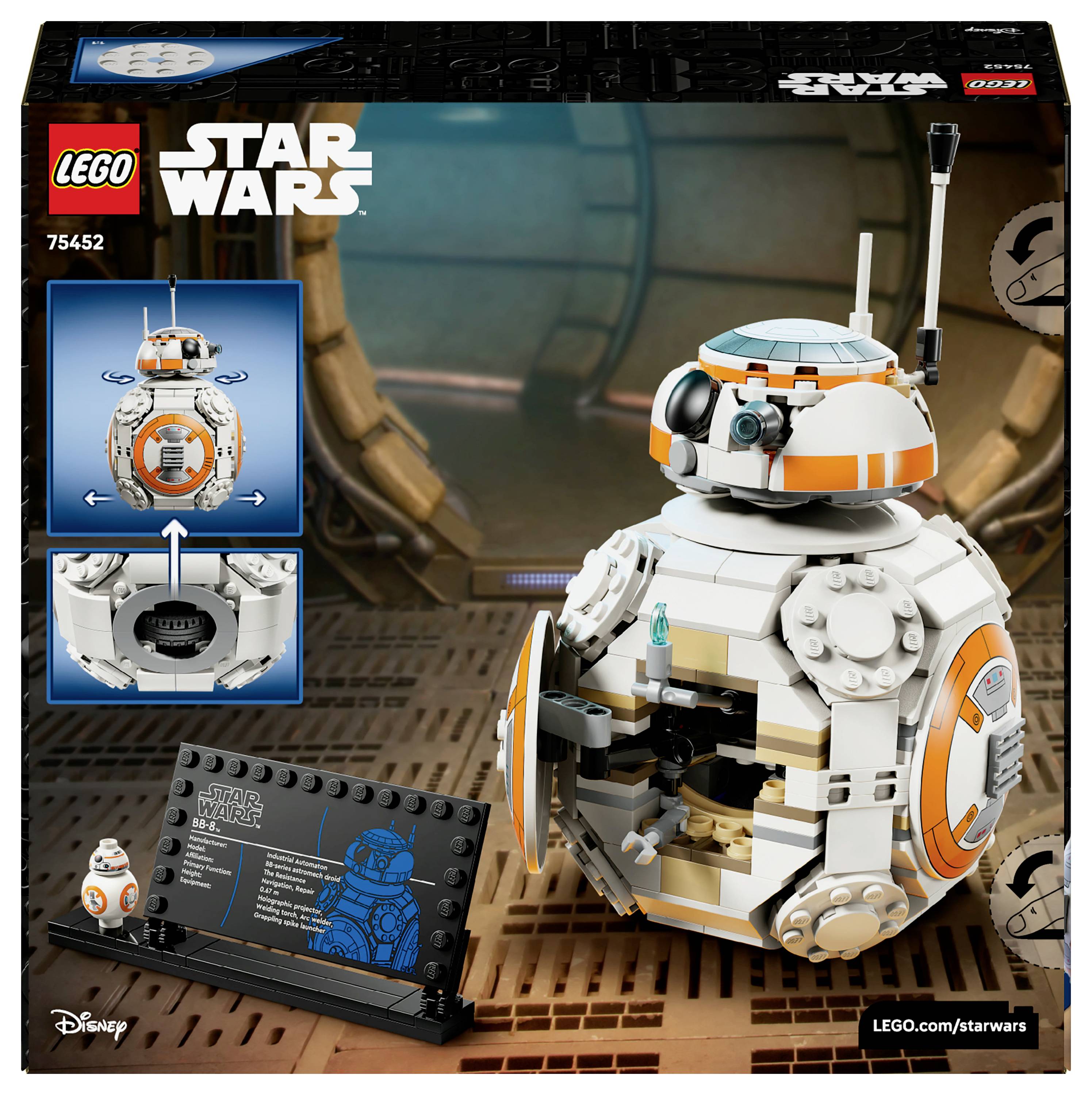 Ensemble LEGO Star Wars comprenant le modèle du droïde BB-8, présentant des détails de tête rotative et de trappe, avec les informations de montage incluses.