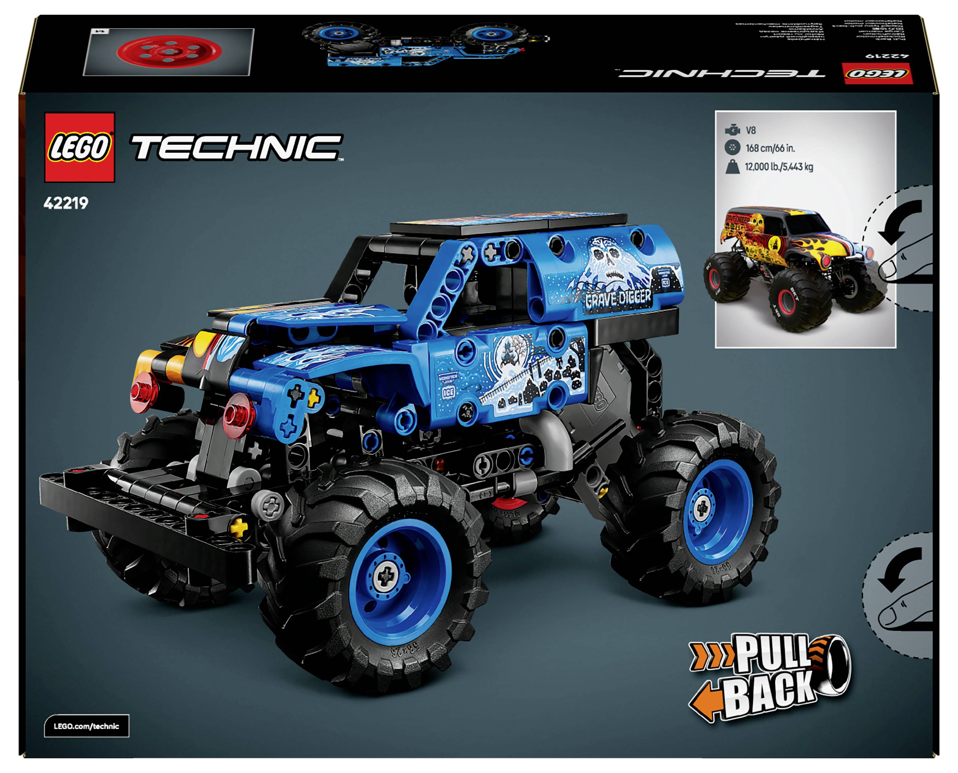 Boîte Lego Technic 42119 présentant un modèle de monster truck bleu à rétrofriction, avec des graphiques détaillés, vu sous des angles latéral et frontal.