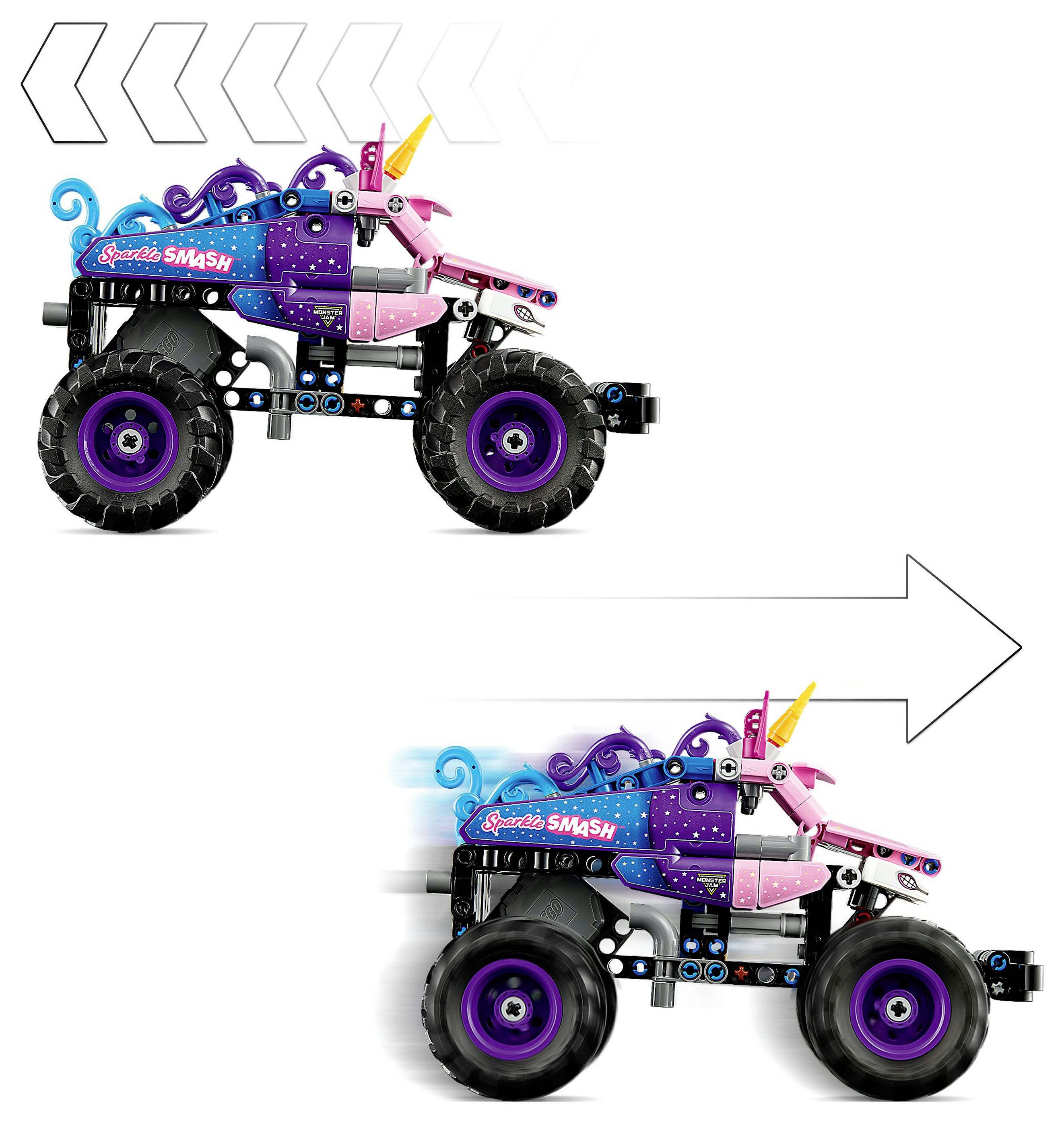 Un camion monstre jouet sur le thème de la licorne est montré avançant, avec une flèche indiquant sa vitesse ou son mouvement dans l'image du bas.