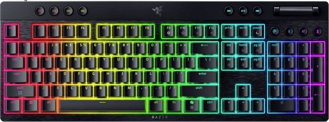 Clavier d'ordinateur avec rétroéclairage arc-en-ciel et touches multimédias spéciales sur le côté droit.