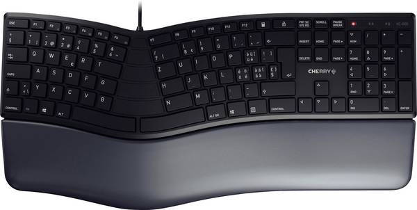 CHERRY Cherry filaire Clavier suisse, Qwertz noir repose-poignet, Fonction Hotkey, touches multimédia, avec clavier numérique, ergonomique