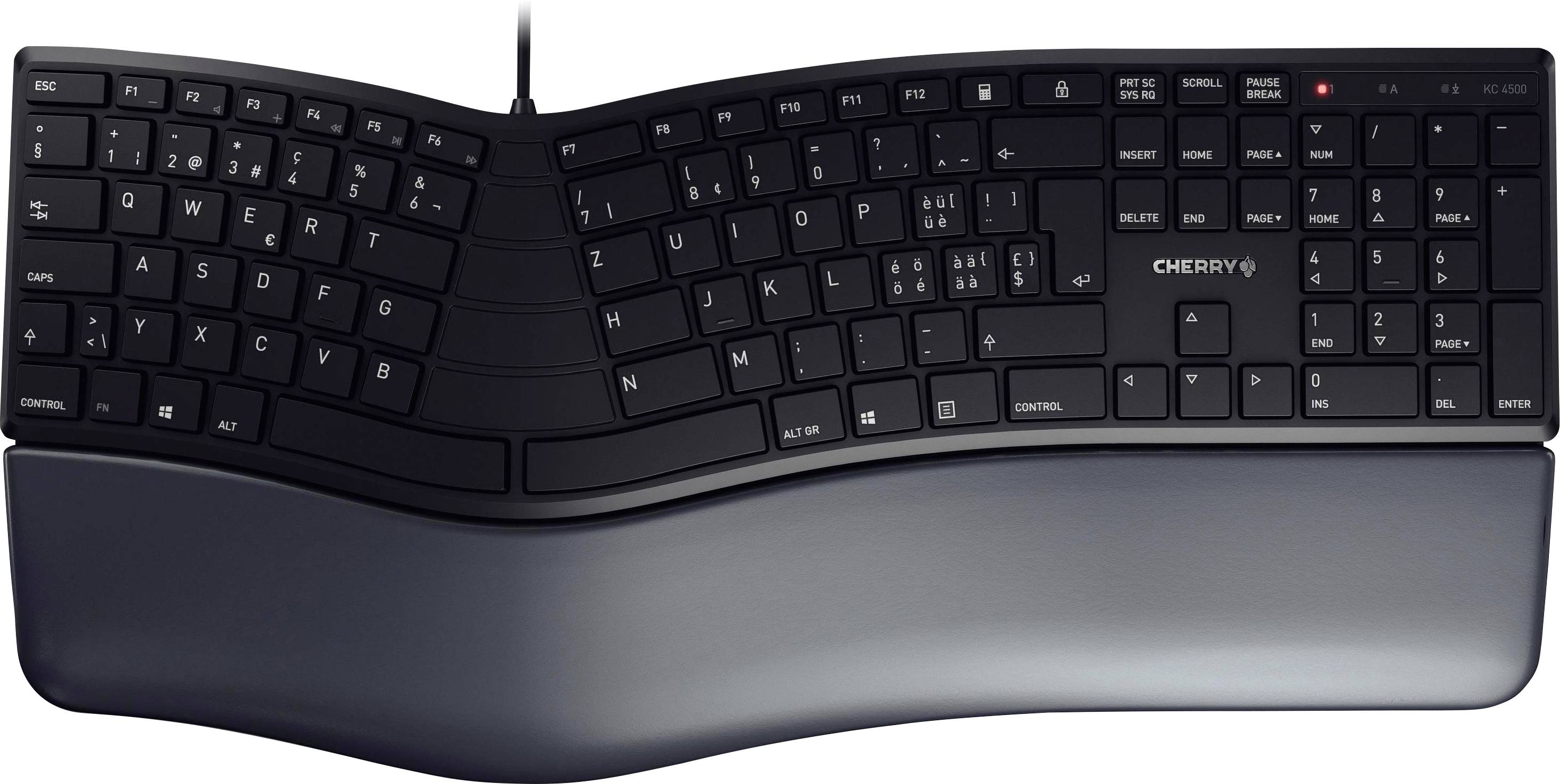 Clavier ergonomique avec design divisé, boîtier sombre et repose-poignets intégré pour une frappe confortable.