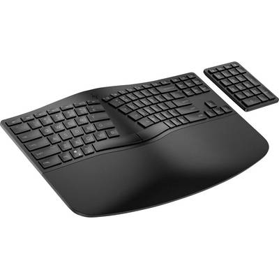 Clavier noir ergonomique au design ondulé avec pavé numérique amovible, optimisé pour une frappe confortable.