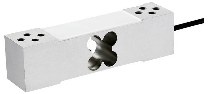 Un capteur de cellule de charge métallique rectangulaire avec un câble attaché, présentant plusieurs trous sur chacune de ses extrémités pour le montage ou la connectivité.