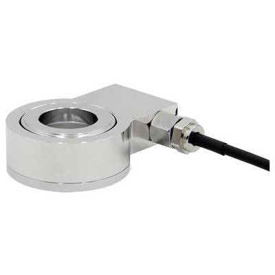Un capteur de charge métallique brillant avec une ouverture circulaire et un câble attaché, utilisé pour mesurer le poids ou la force dans des applications industrielles.