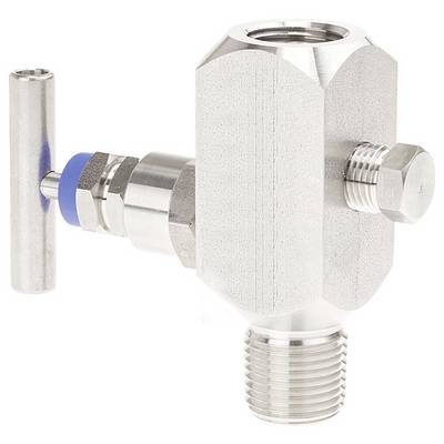 Une vanne en métal argenté avec une tige à anneau bleu, un corps hexagonal et un embout mâle fileté. Adaptée pour contrôler le débit de fluides dans les canalisations.
