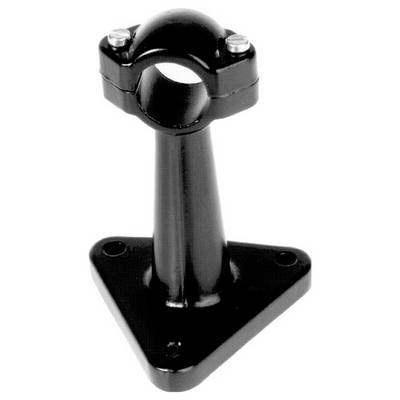 Un support de montage en métal noir avec un collier de serrage circulaire sur le dessus et une base triangulaire comportant trois trous de vis pour une fixation sécurisée.