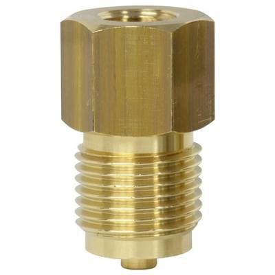 Un adaptateur de raccord hexagonal en laiton, doté d'une section supérieure hexagonale et d'une section inférieure filetée pour connecter des tuyaux ou des flexibles.