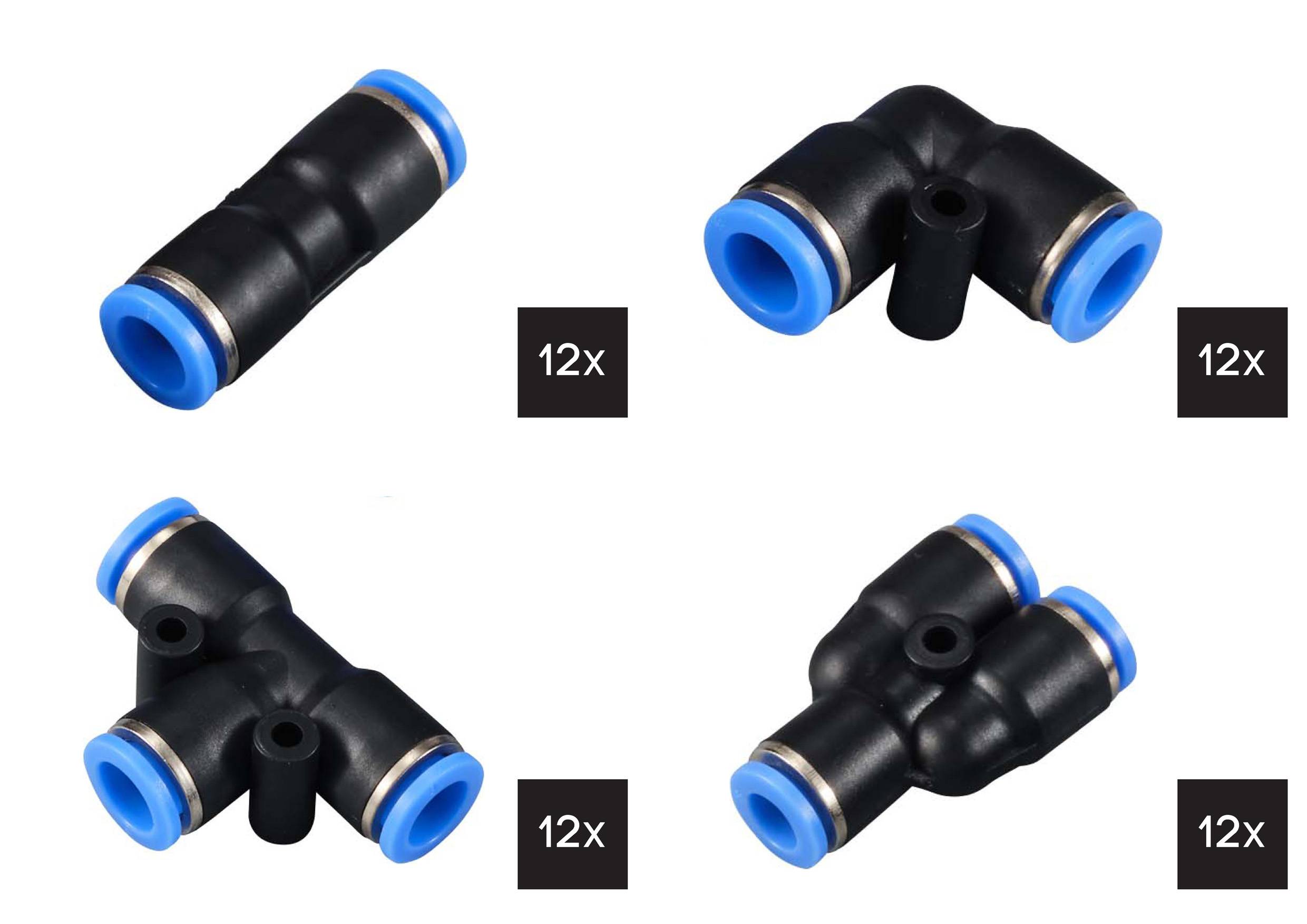 Quatre types de raccords pneumatiques en plastique noir avec des extrémités bleues : raccord en T, raccord coudé, raccord en Y, et un autre raccord en T. Chaque type comprend un ensemble de 12 pièces.