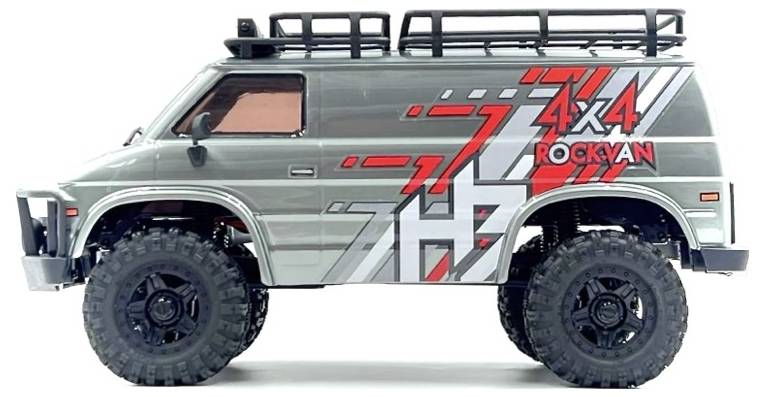 Un SUV jouet gris avec de grands pneus noirs et un porte-bagages, présentant des motifs géométriques rouges et blancs et le texte '4x4 ROCKVAN' sur le côté.