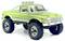 Un camion monstre jouet vert vif avec des pneus surdimensionnés et des détails chromés, conçu pour reproduire le style d'un camion pickup classique.
