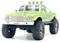 Un camion tout-terrain télécommandé vert avec de grandes roues noires et quatre projecteurs sur le toit.