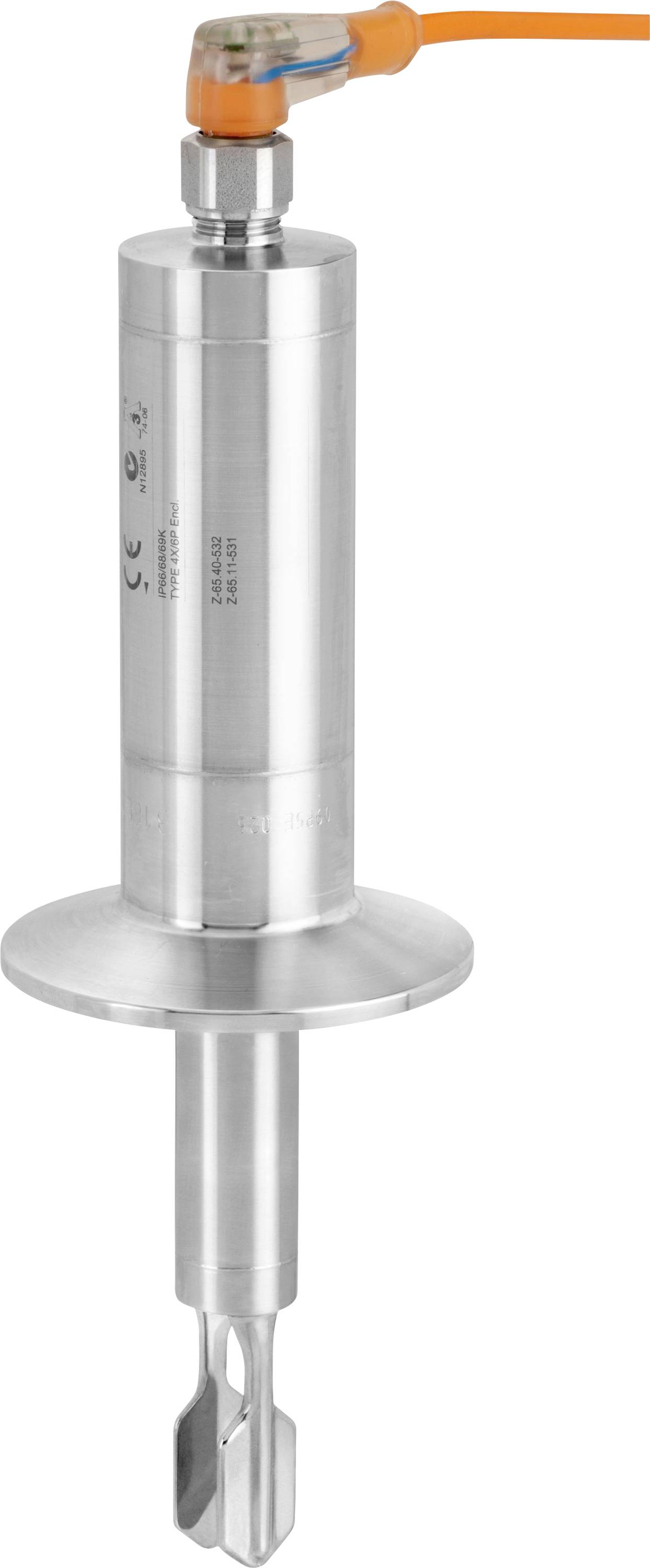 Un capteur industriel cylindrique en métal avec un câble orange attaché, conçu pour être utilisé dans des équipements de traitement, probablement destiné à des tâches de surveillance ou de mesure.