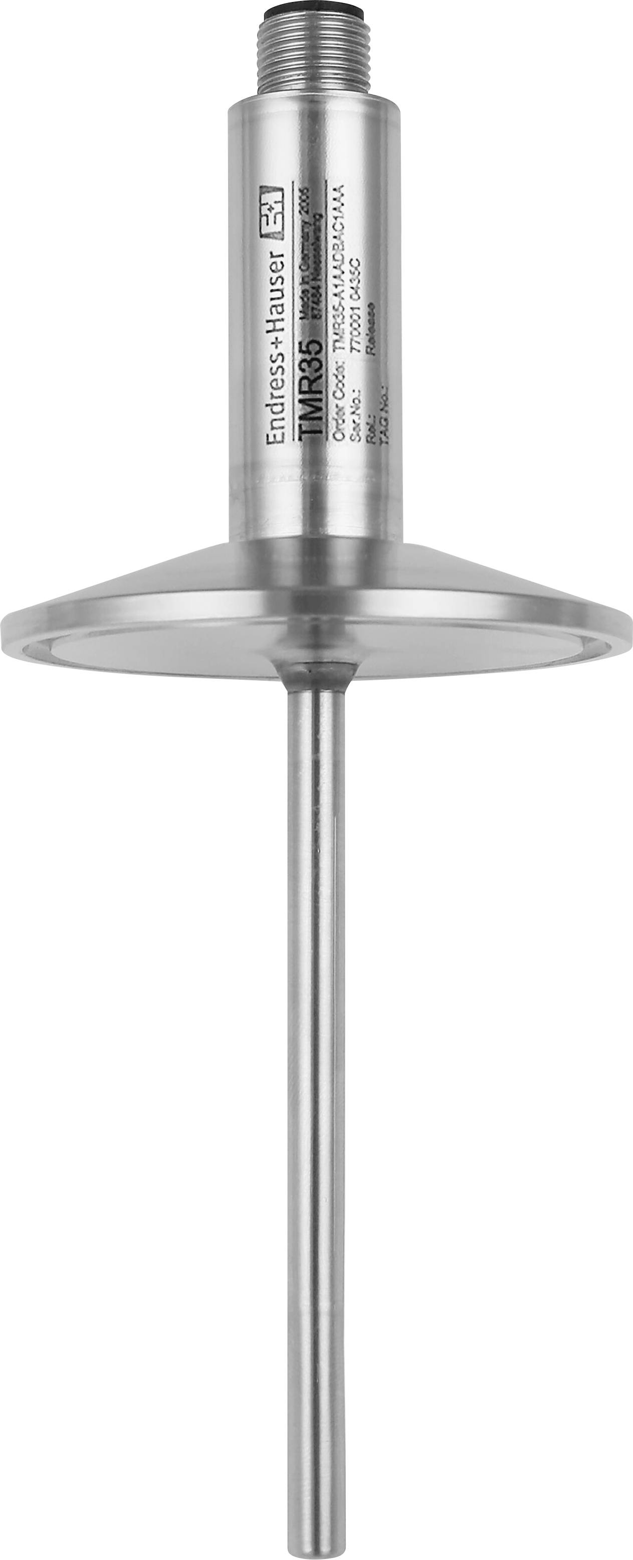 Capteur ou sonde industriel en acier inoxydable avec un sommet fileté, un corps cylindrique et une tige longue et fine sur fond blanc.