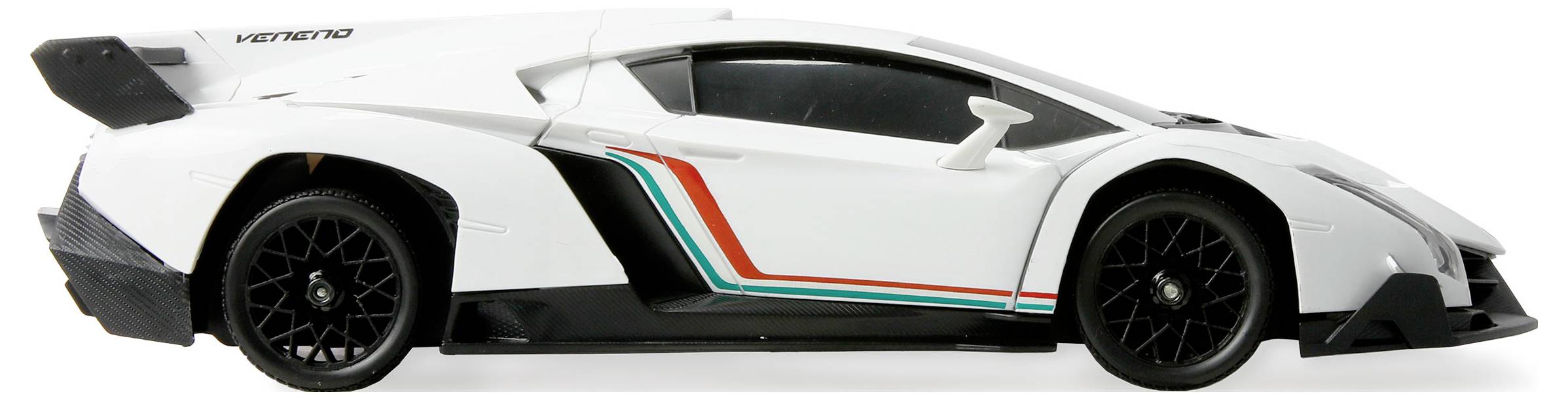 Un modèle de voiture de sport blanche au design élégant, doté d'un aileron noir et de roues noires, souligné par des bandes rouge et vert sur le côté.