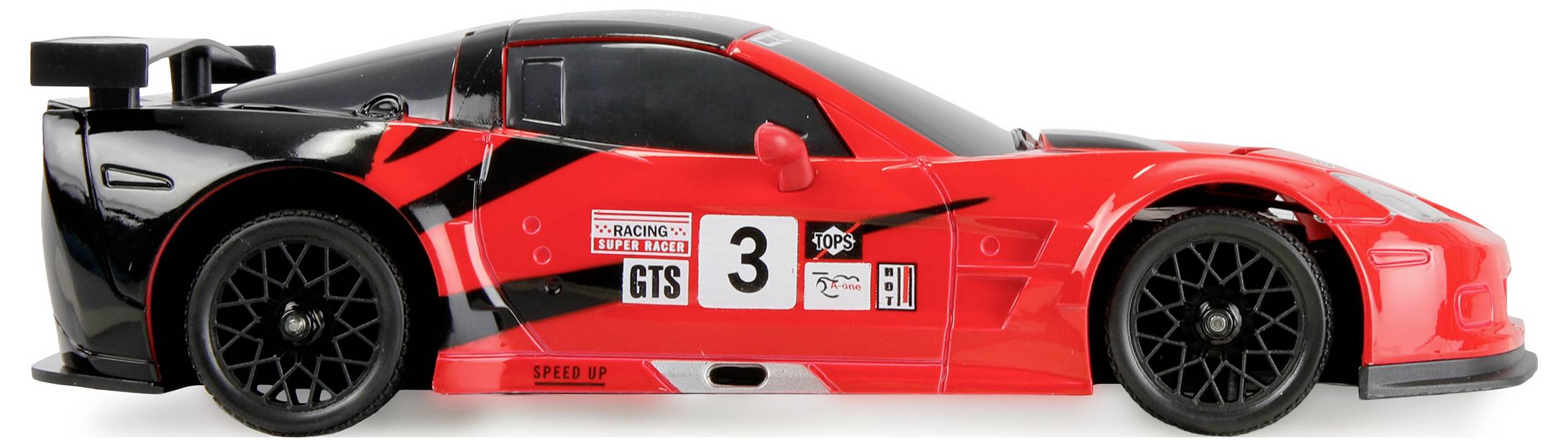Une voiture de course miniature rouge et noire portant le numéro '3' sur son flanc, avec des autocollants de sponsors et un aileron arrière.