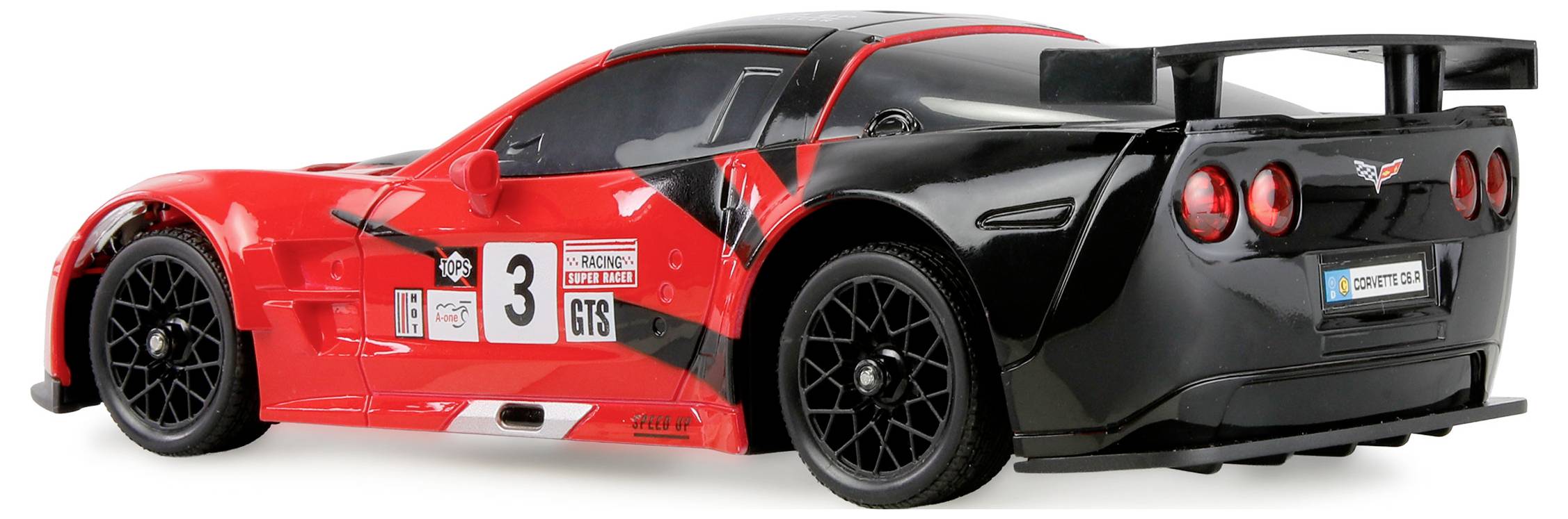 Un modèle de voiture de course rouge et noir avec un grand aileron arrière, numéroté '3', présentant divers logos de sponsors sur le côté.