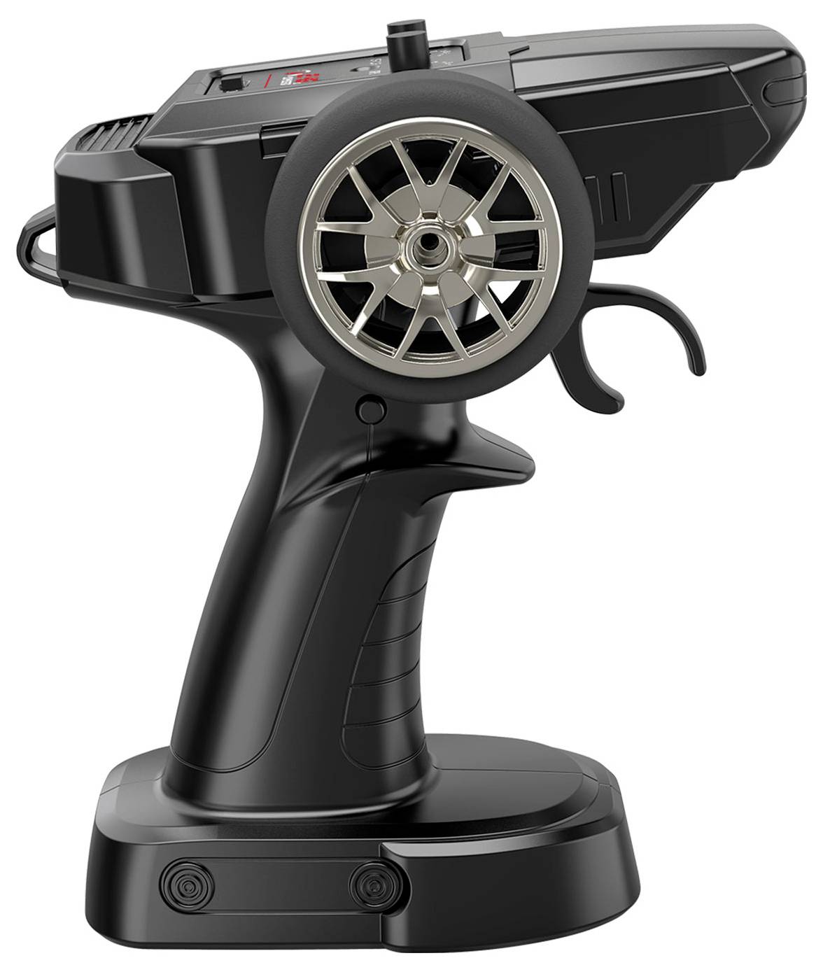 Une télécommande noire avec un grand volant circulaire, un bouton-gâchette et une base.