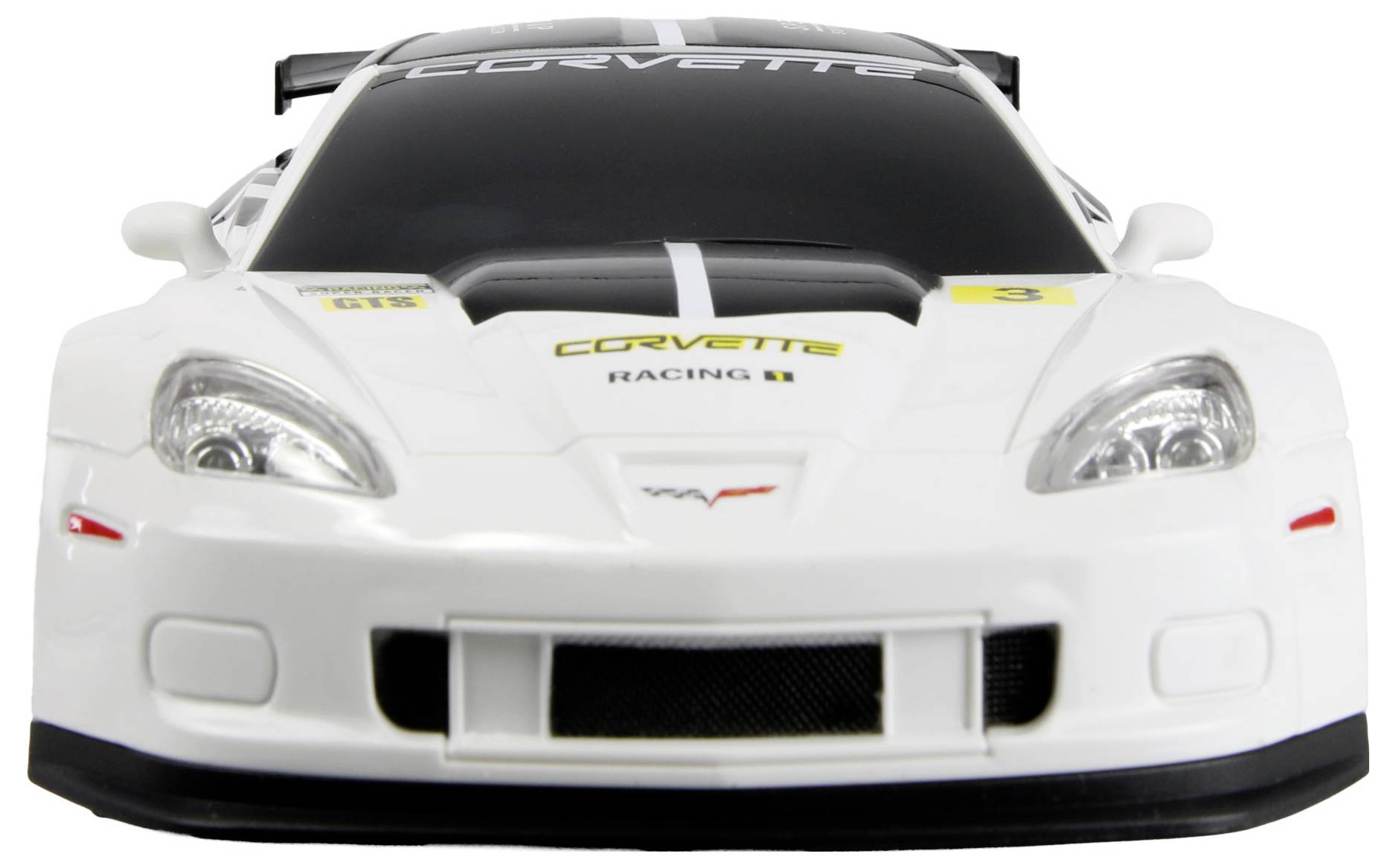 « Une voiture de course blanche miniature, stylisée comme une Corvette, avec des phares détaillés, un design de capot et une marque. Vue de face montrant la calandre et le pare-brise. »