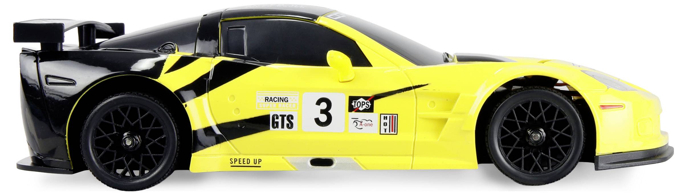 Une voiture de course miniature jaune et noire avec le numéro '3' sur le côté, présentant un design élégant et des détails aérodynamiques bien visibles.