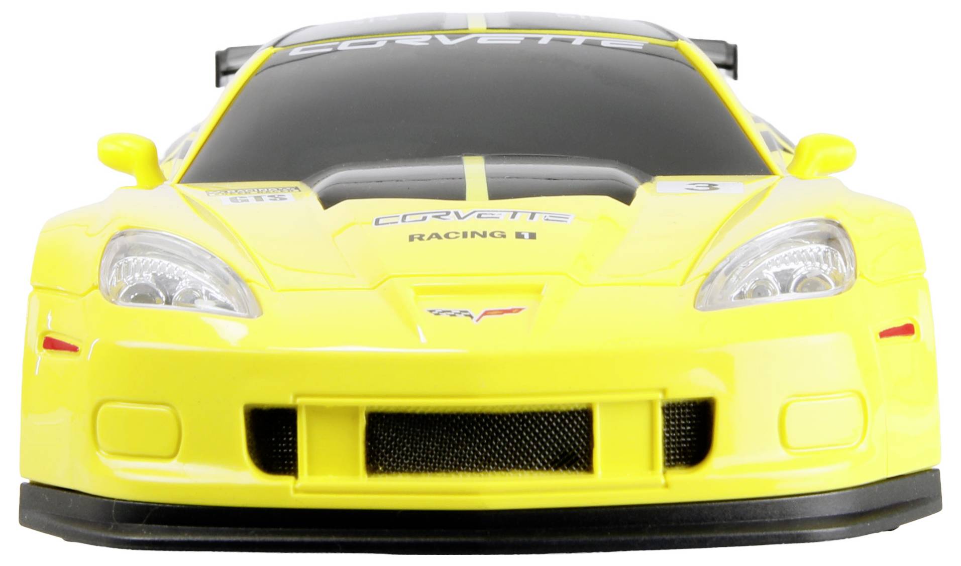 Un modèle de voiture de sport jaune au design élégant, avec la marque « Corvette » sur le capot et le pare-brise. La voiture est immobile, vue de face.