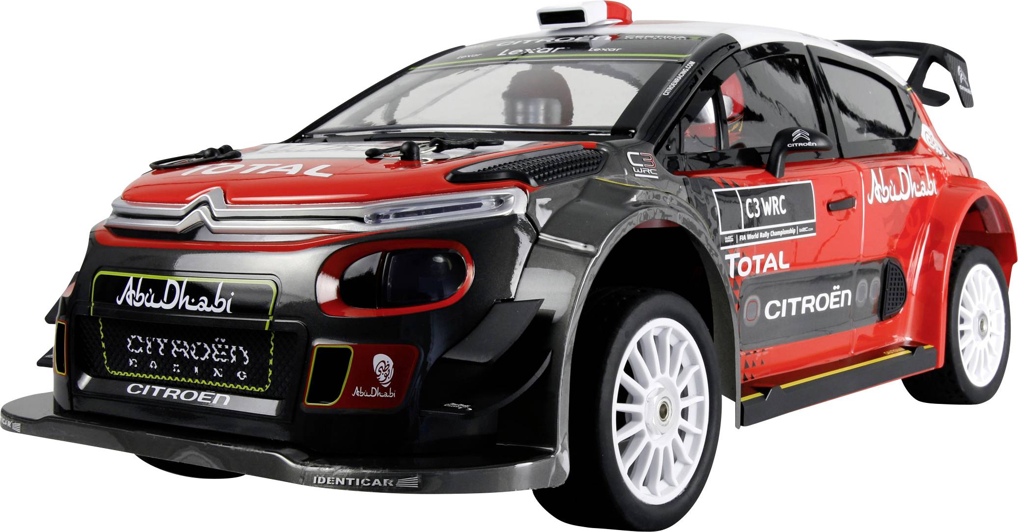 Modèle de voiture de rallye en rouge, noir et blanc avec les logos de sponsors 'Abu Dhabi', 'Total' et 'Citroën'. Conçue pour ressembler à une véritable voiture de rallye.