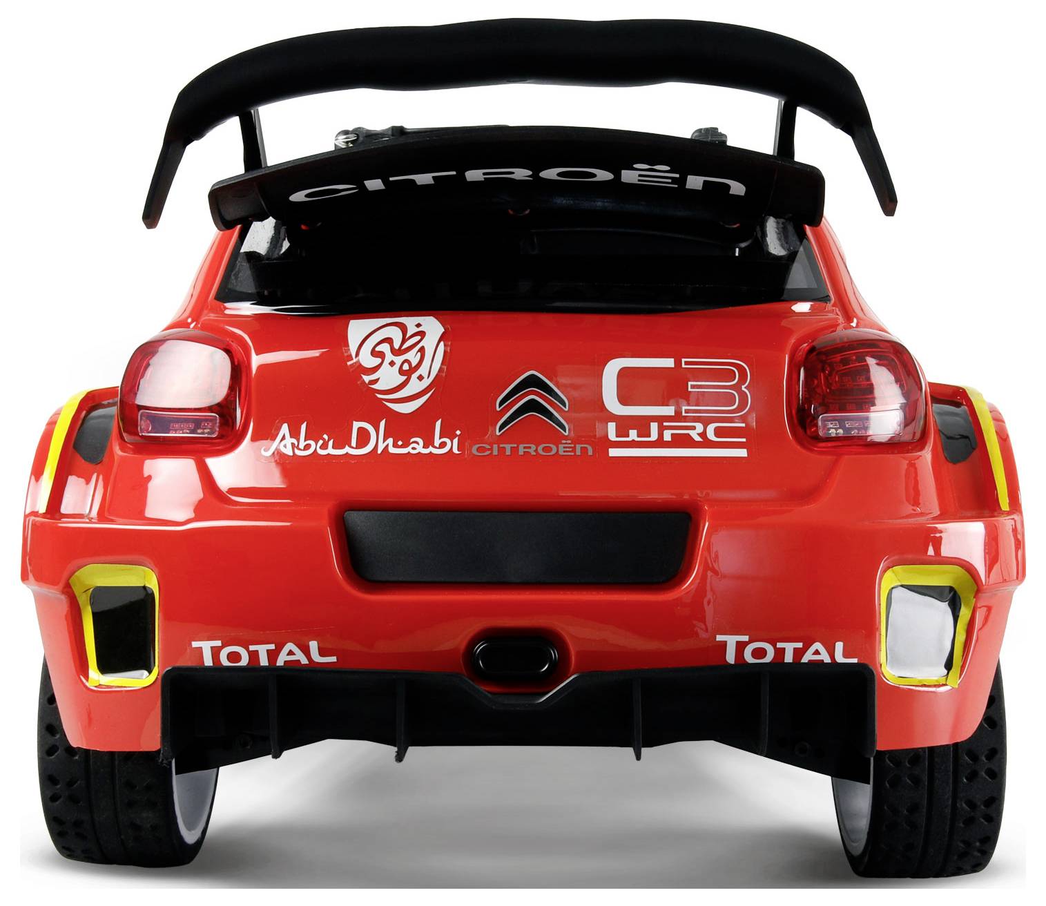 Une voiture miniature rouge d'un modèle Citroën C3 WRC d'Abu Dhabi avec l'inscription 'Total' à l'arrière, équipée d'un aileron et de deux sorties d'échappement.