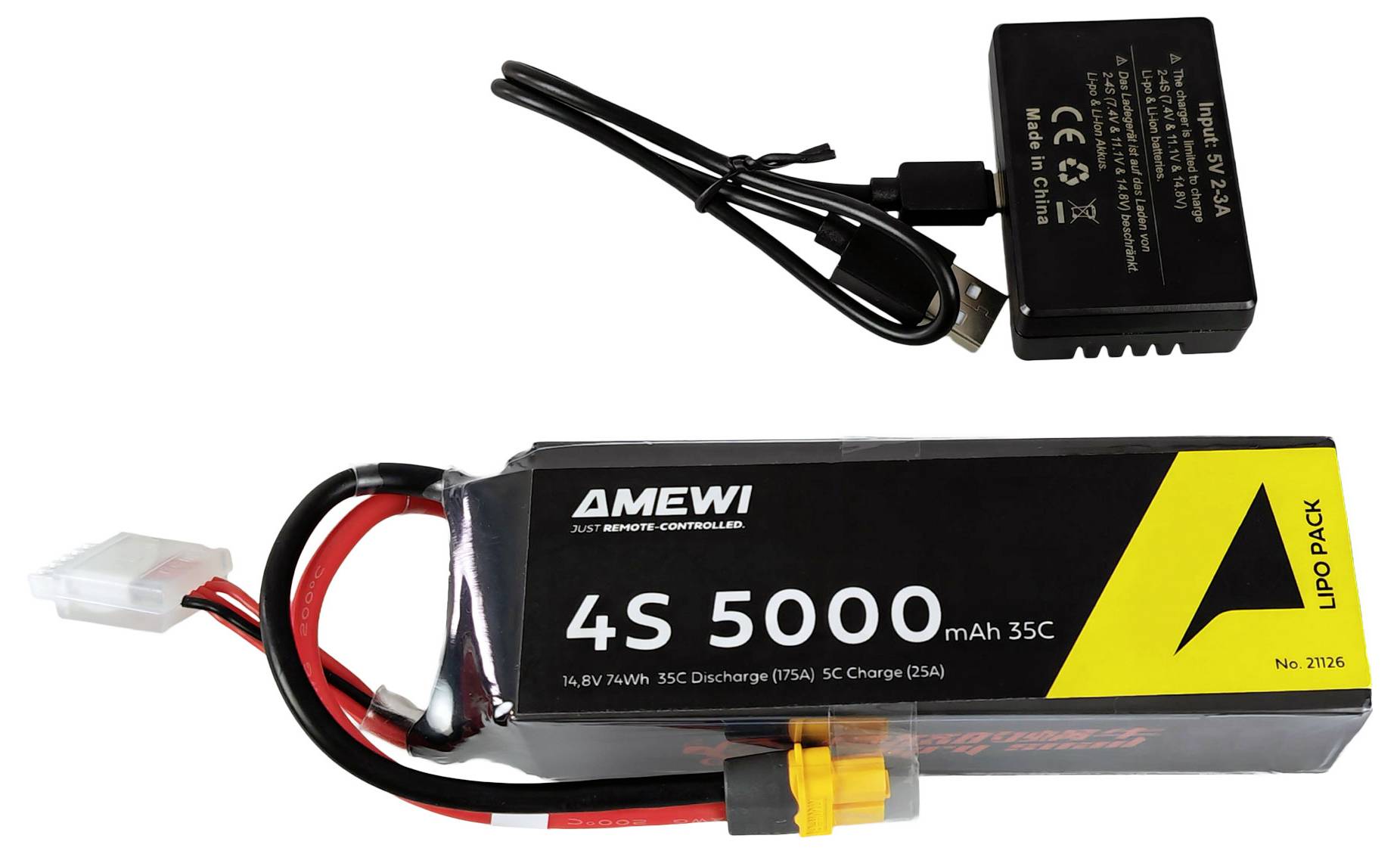 Une batterie LiPo rechargeable étiquetée « AMEWI 4S 5000 mAh 35C » et un chargeur de batterie noir de 2A avec un cordon d'alimentation et un connecteur.