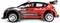 Modèle de voiture de rallye rouge et noire avec des logos et des autocollants de sponsors, présentant un design détaillé incluant un pilote casqué à l'intérieur.
