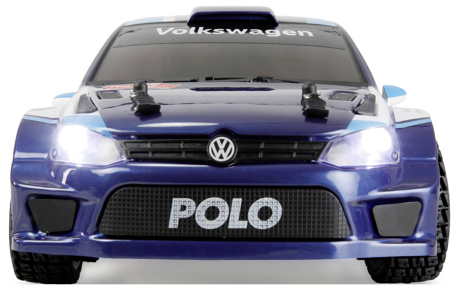 Une voiture miniature reproduisant une Volkswagen Polo en bleu, avec une calandre avant bien visible et 'Volkswagen' sur le pare-brise.
