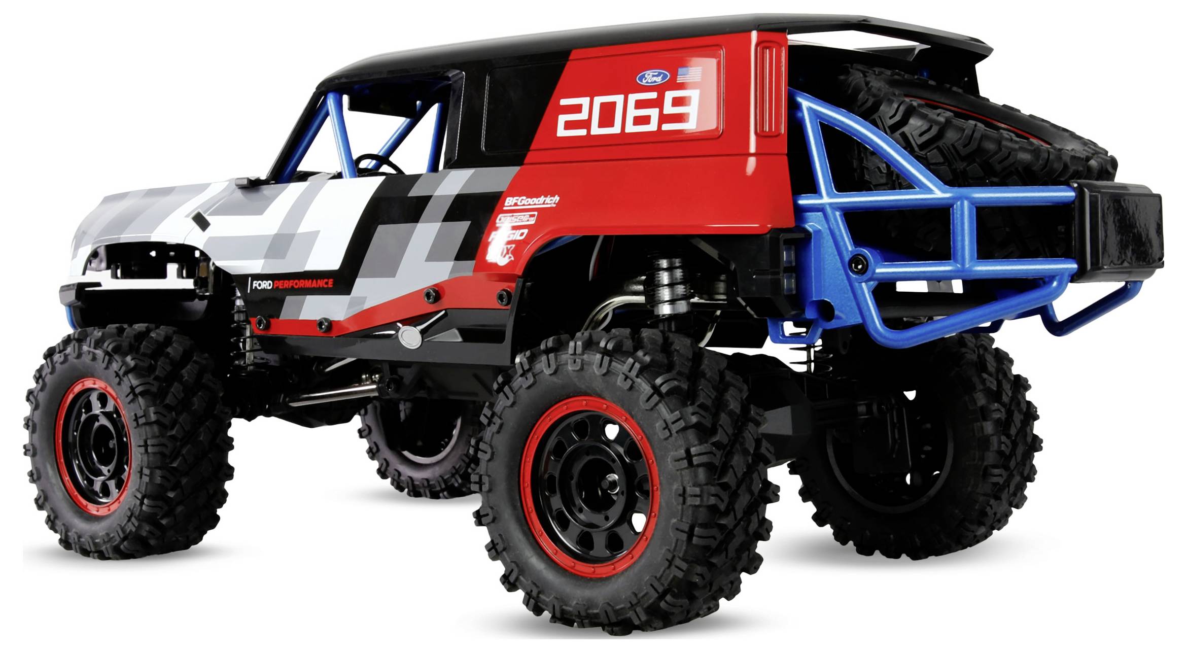 Un véhicule tout-terrain télécommandé rouge et noir avec de grandes roues, portant le numéro '2069' sur le côté, doté d'une suspension robuste.