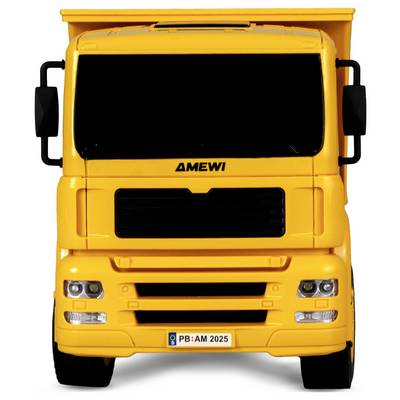 Un camion-jouet jaune avec 'AMEWI' inscrit à l'avant, doté d'une calandre noire et d'une plaque d'immatriculation 'PB:AM 2025'.