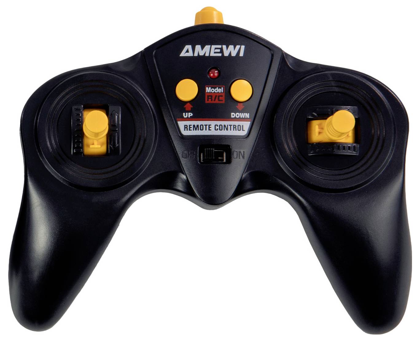 Une télécommande noire et jaune pour un jouet étiquetée 'AMEWI', avec deux manches de commande et un interrupteur libellé 'Télécommande modèle R/C'.