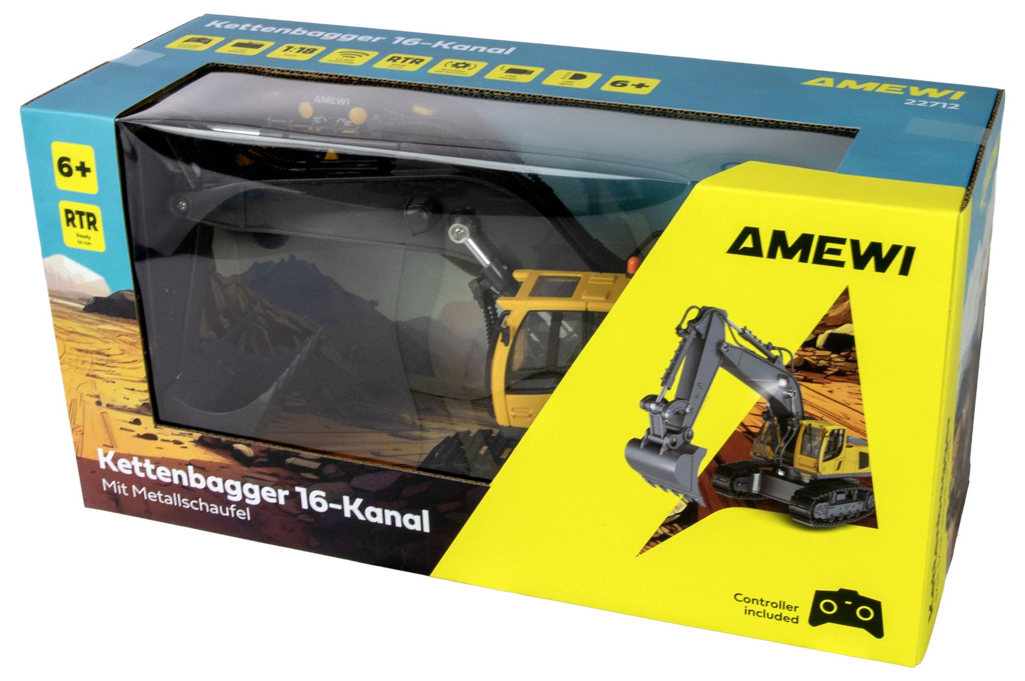 Un excavateur jouet jaune dans une boîte avec l'étiquette « Kettenbagger 16-Kanal » et « Mit Metallschaufel », adapté aux enfants de 6 ans et plus.