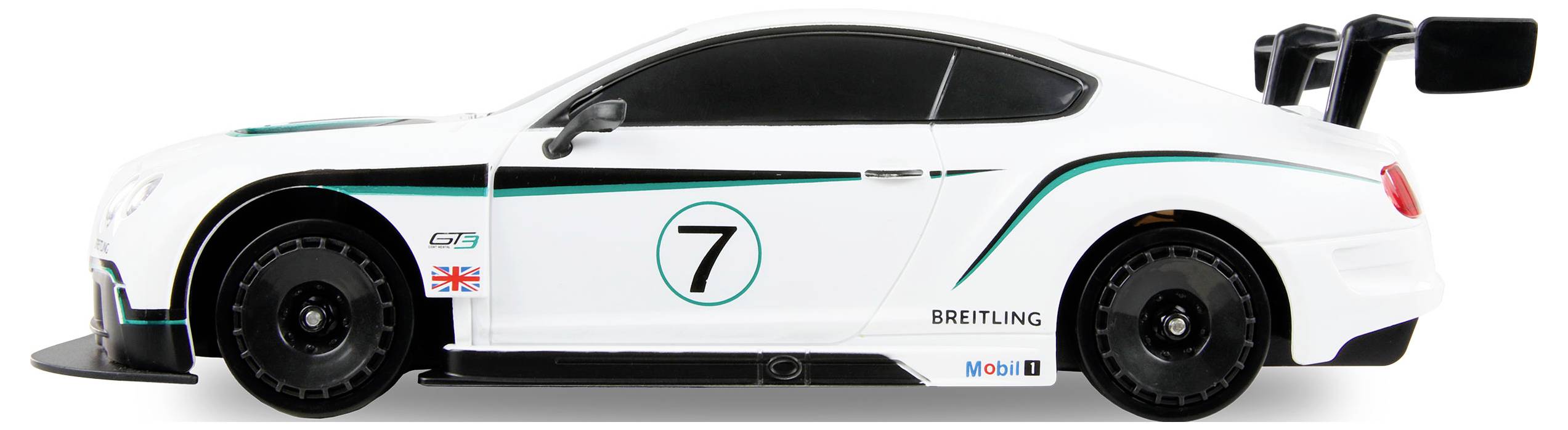Vue latérale d'une voiture de course blanche portant le numéro '7', avec un drapeau britannique et les logos 'Breitling' et 'Mobil 1' sur la carrosserie.
