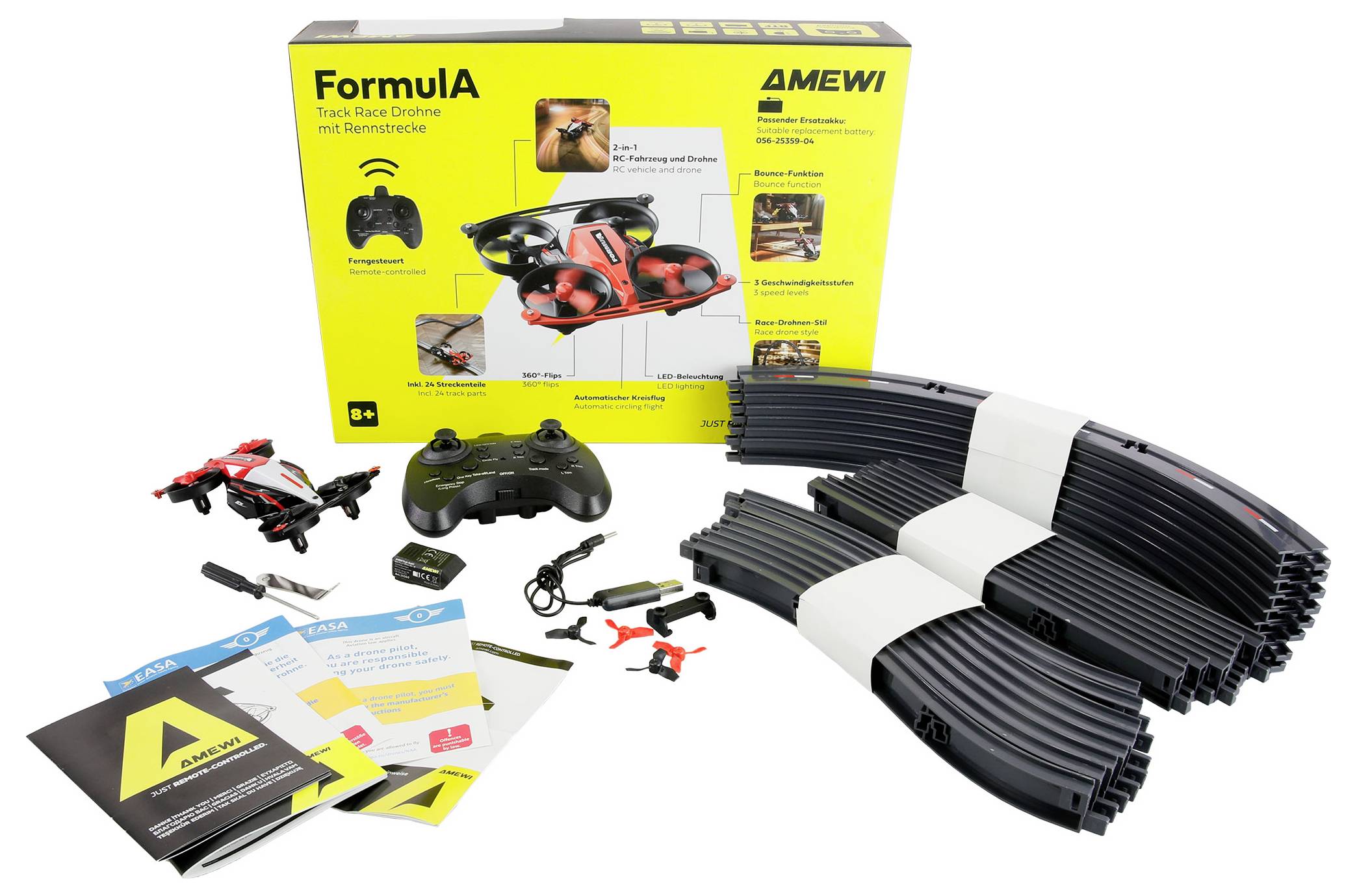 Kit de course de drones comprenant un drone, une télécommande, des pièces de piste, des instructions et un emballage de marque portant l'inscription « FormulA Track Race Drone ».