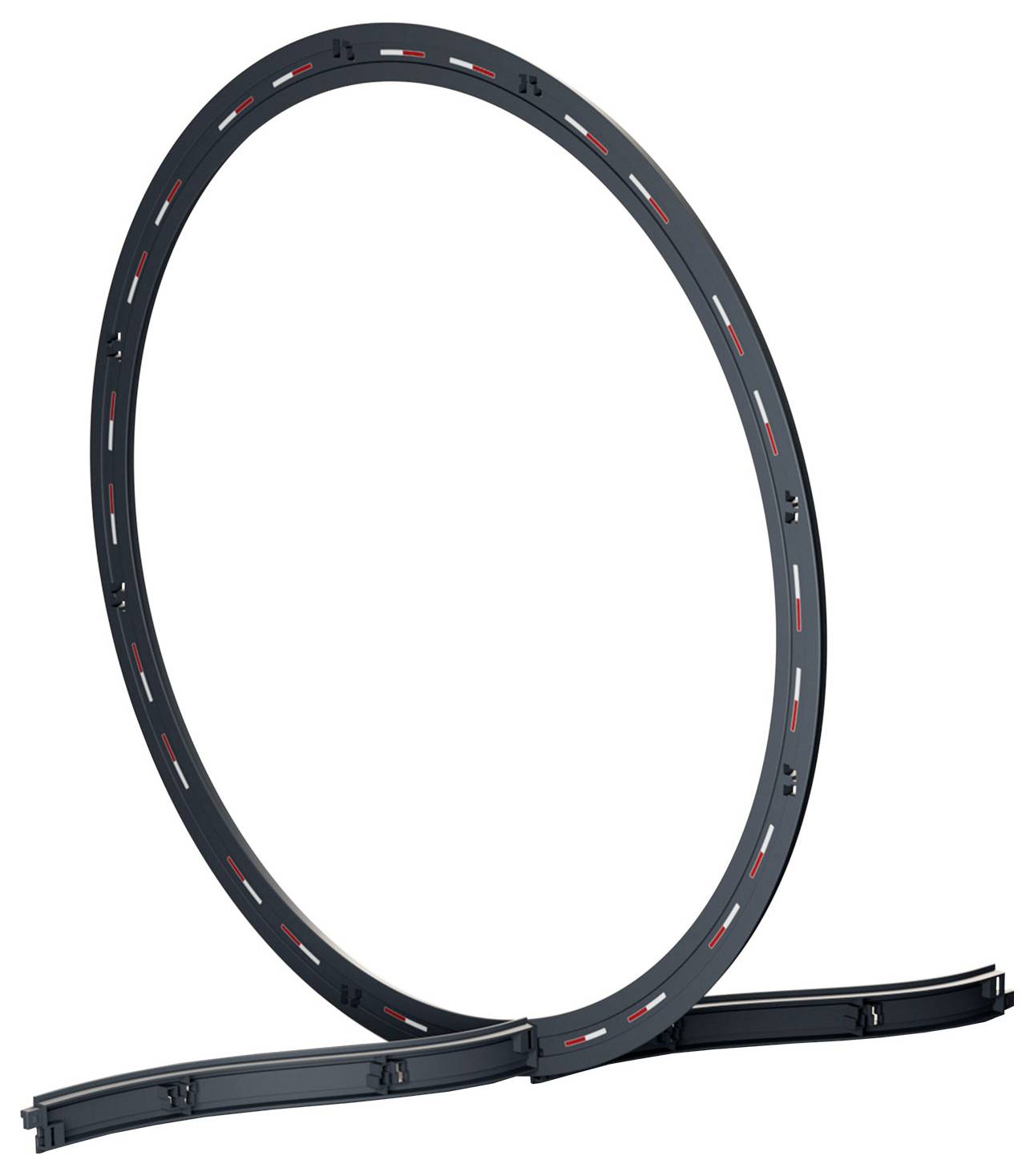 Un objet noir circulaire portant des marques rouges est posé verticalement sur un socle. La structure en forme d'anneau est simple et ouverte, dépourvue de détails supplémentaires.