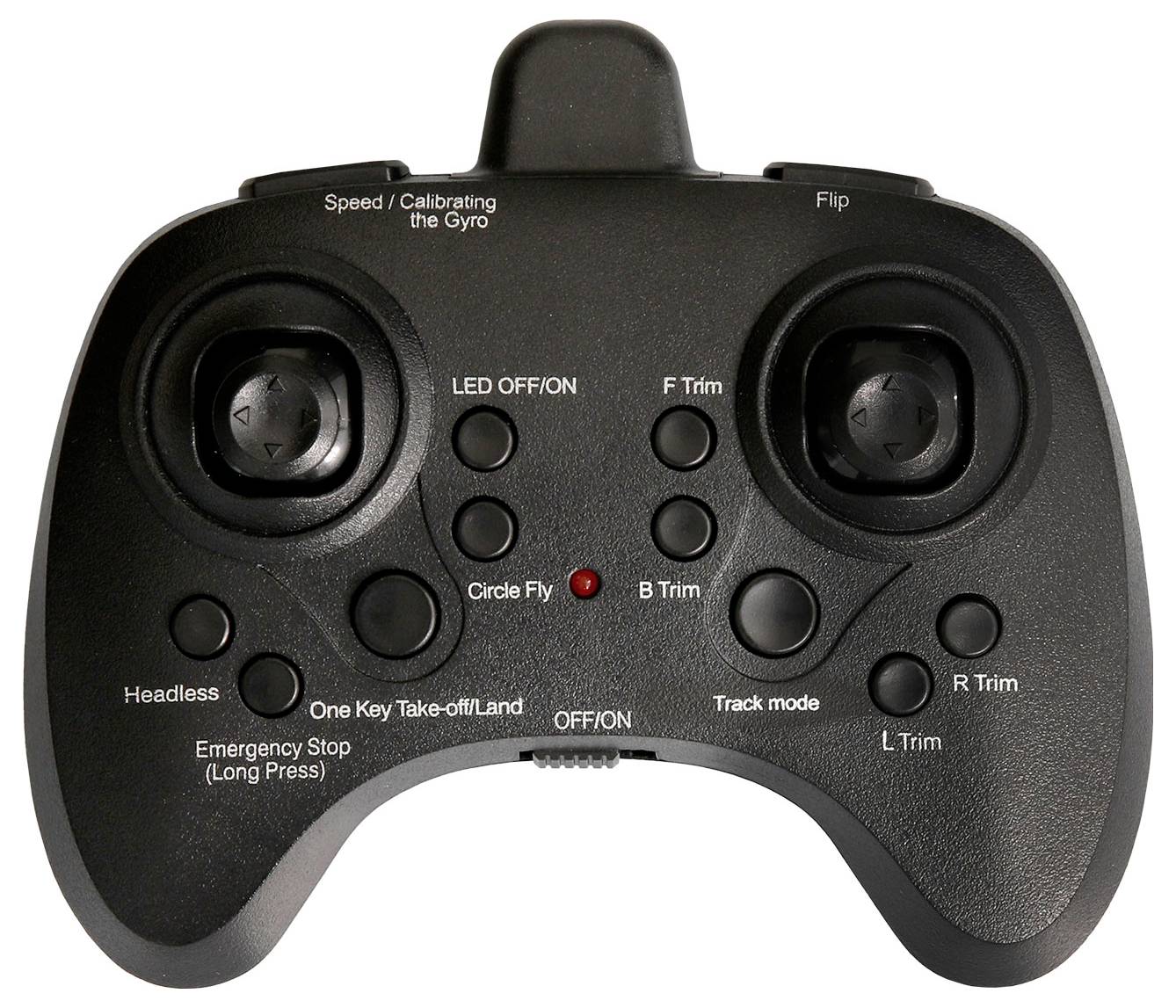 Une télécommande de drone noire avec des boutons et des joysticks étiquetés pour des fonctions comme « Vitesse/Calibrage du Gyroscope », « Arrêt d'Urgence » et « Retournement ».