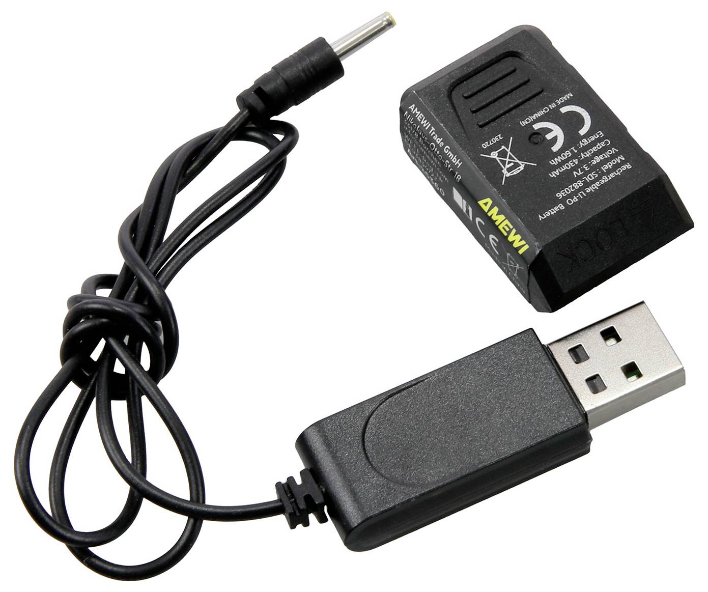 Un câble de charge USB et une batterie rechargeable pour un appareil photo, montrant les options de connectivité et les spécifications de tension.