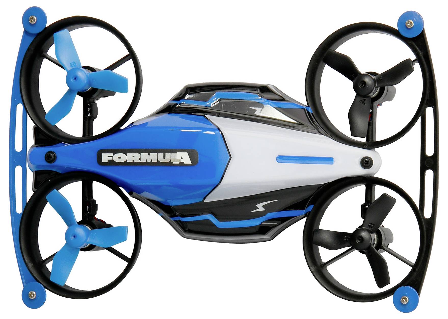 « Un drone de course de Formule avec quatre hélices et un design aérodynamique bleu et noir est exposé sur un fond blanc. »