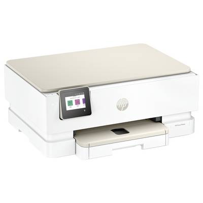 Une imprimante multifonction blanche avec un écran tactile affichant des icônes pour la copie, la numérisation et l'impression.