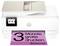 Une imprimante HP blanche avec un petit écran et une page rose pâle en sortie, faisant la promotion de "3 mois d'impression gratuite, HP instant ink".